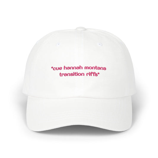 "Cue Hannah Montana Transition Riffs" Embroidered White Baseball Hat